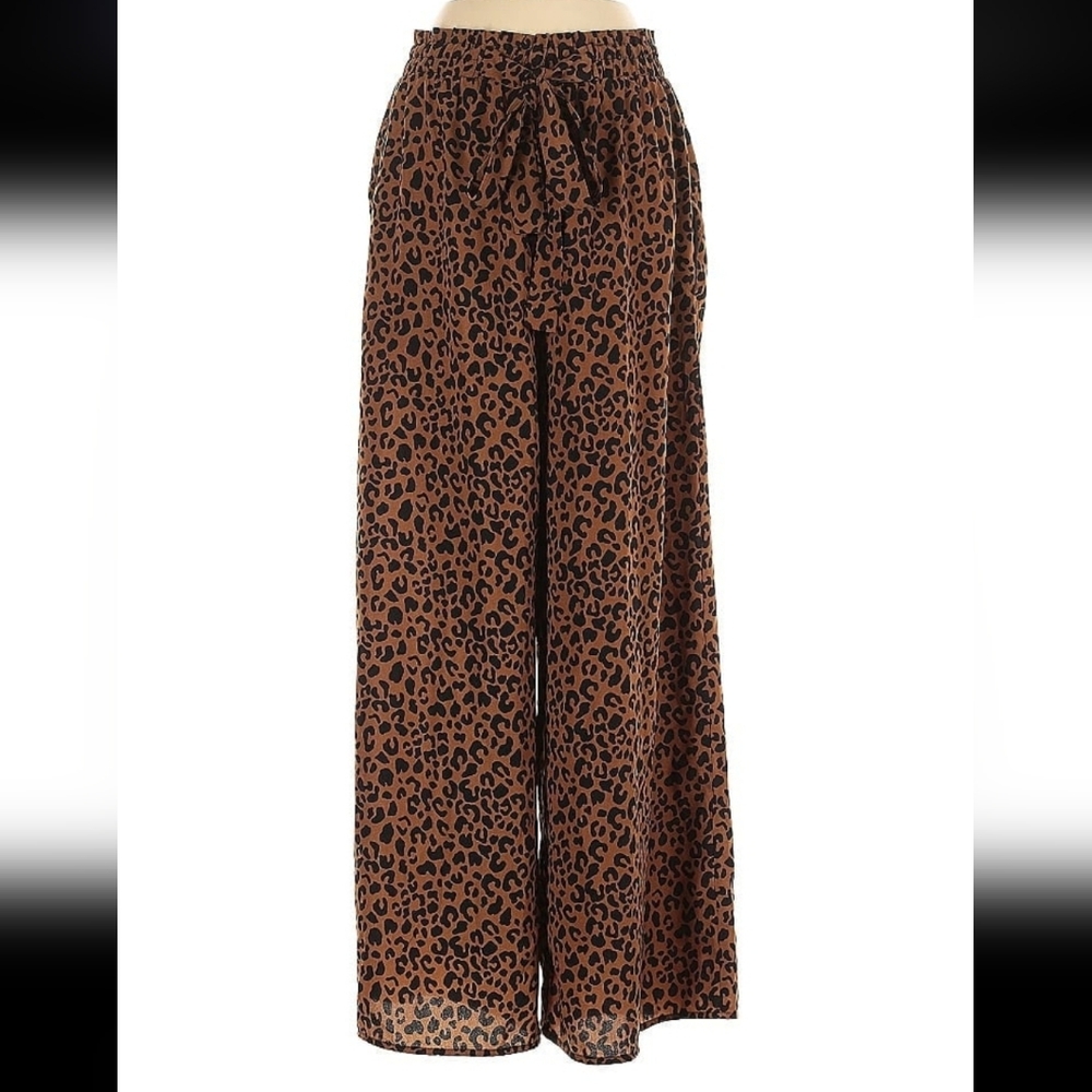 Cheetah Print Wide Leg Palazzo Pants Tie Waist Pockets Size Small - Picture 3 of 14